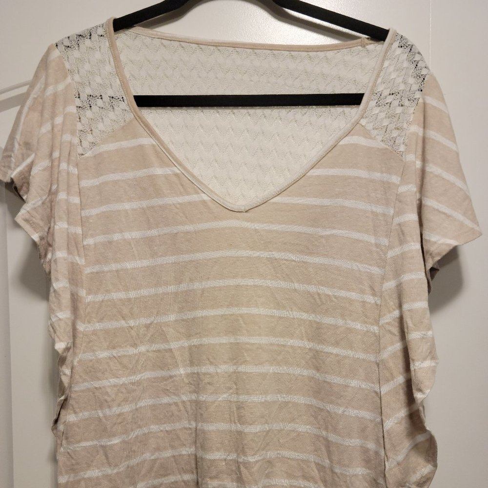 Lane Bryant Plus Tan & White Stripe Knit Top Shirt Lacey Back 14/16